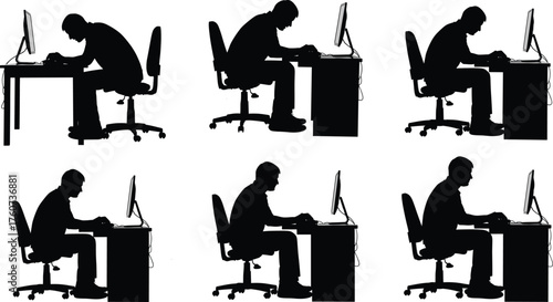 Ergonomic sitting posture, office worker silhouette, computer desk illustration, healthy workplace design, bad to good posture, workstation concept, flat vector