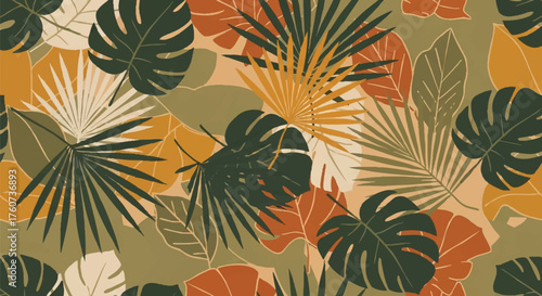 Exotic tropical foliage seamless pattern featuring lush monstera and palm leaves in earthy, organic tones, perfect for textile design and digital backgrounds