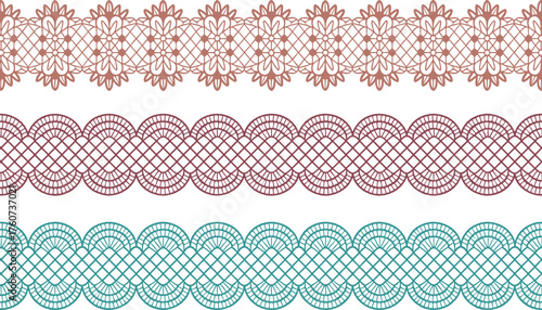 Ornamental lace borders, floral motifs, scalloped edges, mesh texture, textile design, decorative trim, fashion detail, cad drawing flat vector illustration