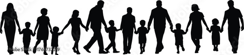 Silhouette of diverse family group holding hands, unity, community support, children and adults together, teamwork, bonding, connection, peaceful, inclusive