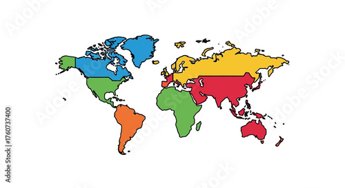 World map illustration continents divided by colors ideal for geography education showing global diversity and international relations concepts.