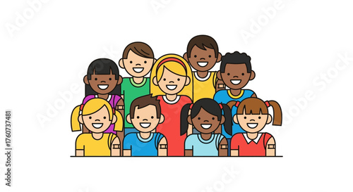 vaccinated children diverse group of kids with band-aids after getting shots smiling standing together illustrating child healthcare and immunization.