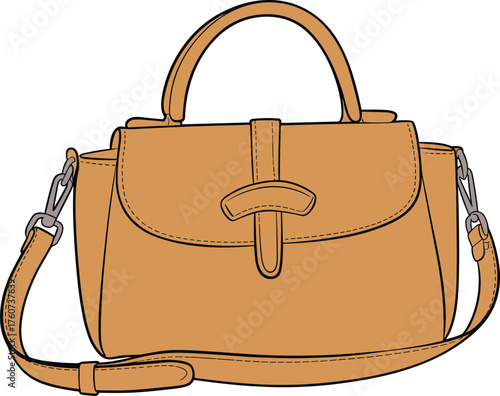 Tan handbag illustration, fashion accessory, CAD drawing, flat vector, top handle, shoulder strap, leather texture, product design, retail catalog