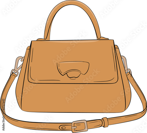 Tan handbag illustration, top handle purse, shoulder strap bag, fashion accessory design, structured leather satchel, cad drawing flat vector illustration