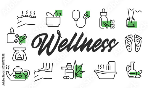 Wellness poster. Wellness poster design with spa icons. Massage, Candle, Tea Pot, Oil Bottle, Foot Spa icons. Simple poster for presentations, covers. Banner template. Vector illustration.