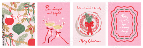 Merry Christmas greeting card Set. Beautiful Xmas design in trendy hand drawn style with frame, decorated Christmas tree, top view dinner plate with a fir branch and a red bow, glasses of champagne.