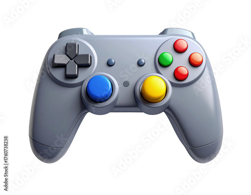 Retro style grey gamepad for video gaming, featuring a d-pad, joysticks, and colorful buttons. A 3D illustration of a classic console accessory isolated on a white background
