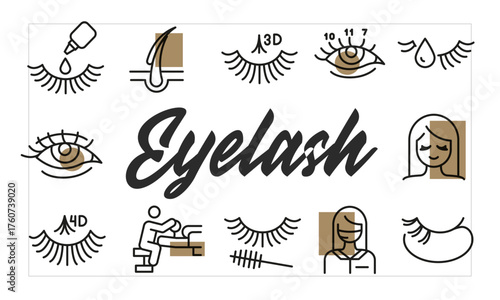 Eyelash poster. Eyelash poster design with Lash, Mascara, Eye, Beautician, Droplet icons. Simply poster for presentations, covers. Banner template. Vector illustration.