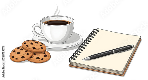 Coffee cup cookies and notebook with pen saucer steam