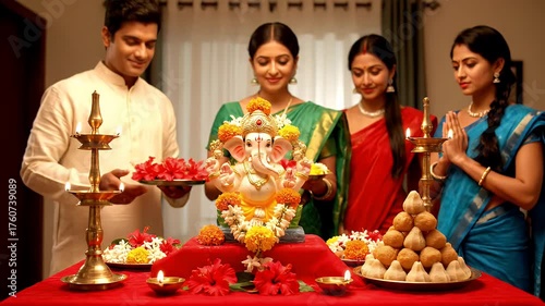 Four People In Traditional Indian Clothing Gather Around A Decorated Ganesha Idol During A Religious Ceremony With Oil Lamps And Sweet Offerings In A Warmly Lit Room