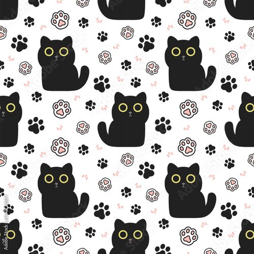 Seamless vector pattern with funny cute black cats. Great for fabric, textile, wrapping, wallpaper. Vector Illustration