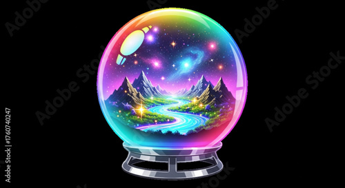 Enchanting crystal ball with a vibrant landscape and starry sky on magical and mystical, perfect for fortune telling