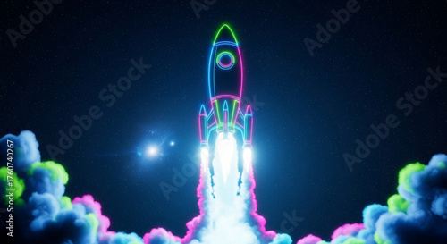 A vibrant neon rocket ship launches into the night sky, surrounded by colorful smoke and stars, symbolizing innovation and progress