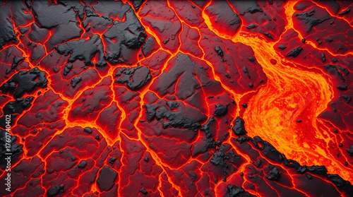 Top View of Complex Glowing Magma Cracks and Molten Lava River on Dark Textured Volcanic Surface