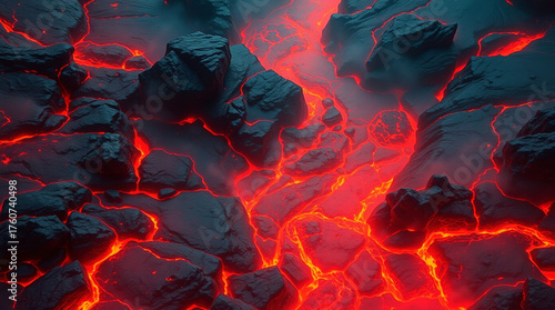 Top View of Glowing Molten Magma Cracks Through Dark Volcanic Earth with Moody Smoke Atmosphere