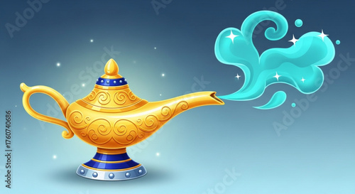 A golden magic lamp with blue smoke coming out, symbolizing wishes, fantasy, and the power of imagination on blue background