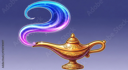 A golden magic lamp with a swirling, colorful genie smoke coming out, symbolizing wishes, fantasy, and the power of imagination