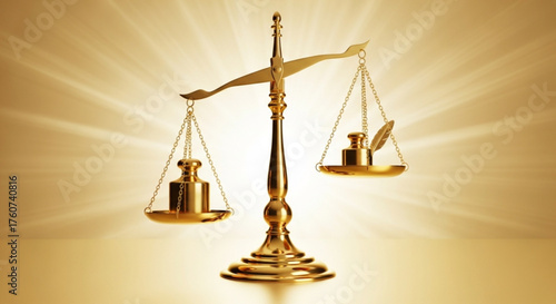 Golden scales of justice with weight and feather symbolizing balance and fairness in law and legal system