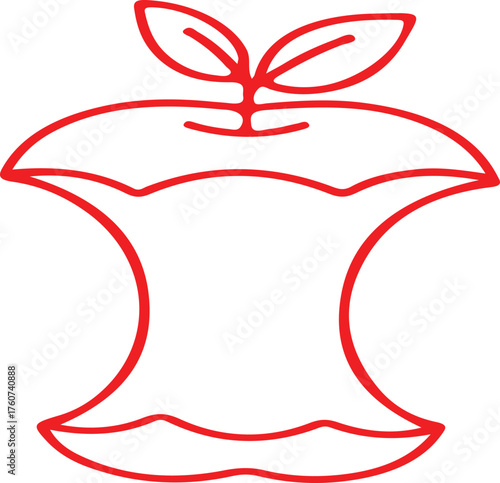 Simple red outline of an apple core with two leaves symbolizing healthy eating and waste reduction concepts