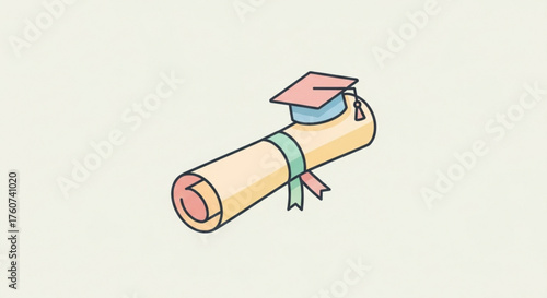 Illustration of a graduation diploma with a graduation cap on top, symbolizing academic achievement and the completion of studies