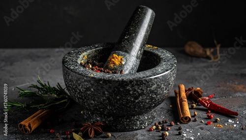 “Black stone mortar and pestle filled with colorful spices on dark background”