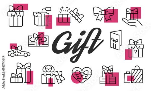 Gift poster. Gift poster design with Present, Ribbon, Gift Card, Heart Box, Toy Dog icons. Simply poster for presentations, covers. Banner template. Vector illustration.