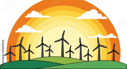 Wind turbine farm on green hill with orange sunset and white cloud in background, representing renewable energy and sustainable power generation