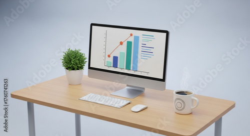 Modern computer on wooden desk with plant and coffee cup, displaying business chart, representing data analysis and financial growth