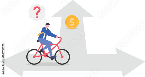 A businessman looks confused while standing on a branching road
