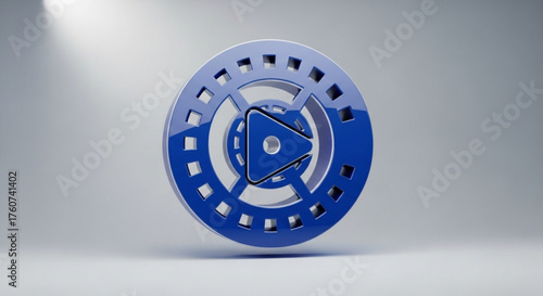 A blue film reel icon with a play symbol is showcased against a neutral backdrop, representing video production, entertainment, and media content creation