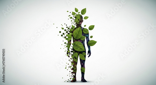 Conceptual image of a human figure transforming into leaves, symbolizing growth, nature, and environmental awareness on a clean