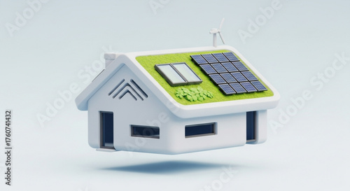 3d rendering of a sustainable house model with solar panels and a green roof, , representing ecofriendly living