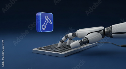 Robotic arm typing on keyboard with software icon, illustrating automation, artificial intelligence, and the future of technology in design