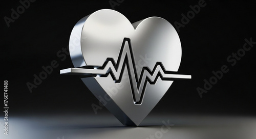 A metallic heart with an electrocardiogram line on a dark surface symbolizes health, medicine, and the importance of cardiac wellbeing