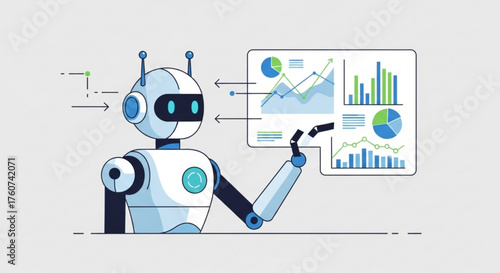 A friendly robot presenting business data and analytics on a screen, showcasing insights and trends, a modern illustration
