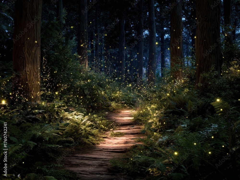 Obraz premium Dark Forest Path Lit by Glimmering Golden Sparkles and Lush Green Ferns, Woodland Trail, Mystical Night Scenery, Glowing Vegetation, Peaceful Outdoor Landscape