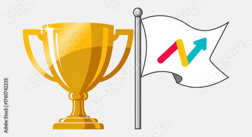 Golden trophy cup and flag with arrow logo, symbolizing success, achievement, and business growth, , in a clean vector style
