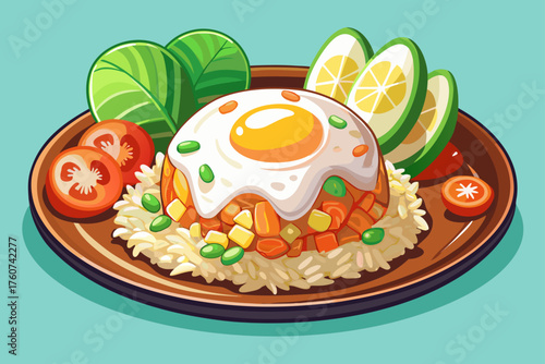 vector of Thai fried rice. Fried rice with egg, onion and fish sauce is simple but refreshing. Khao Pad is the home flavor of Thailand; Unpretentious and lovely.