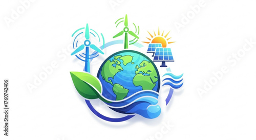 Illustration of a sustainable world with wind turbines, solar panels, and water energy, representing renewable resources