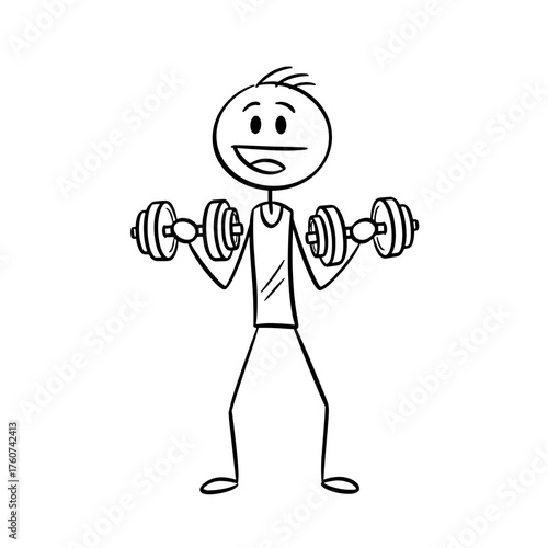 Stick figure man lifting weights and smiling for healthy lifestyle  