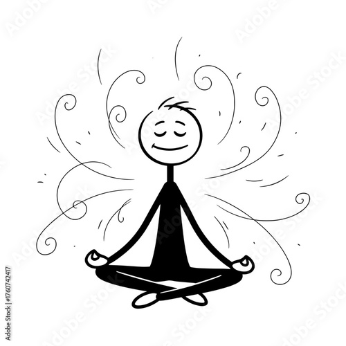 Stick figure meditating with calm expression and flowing energy lines  