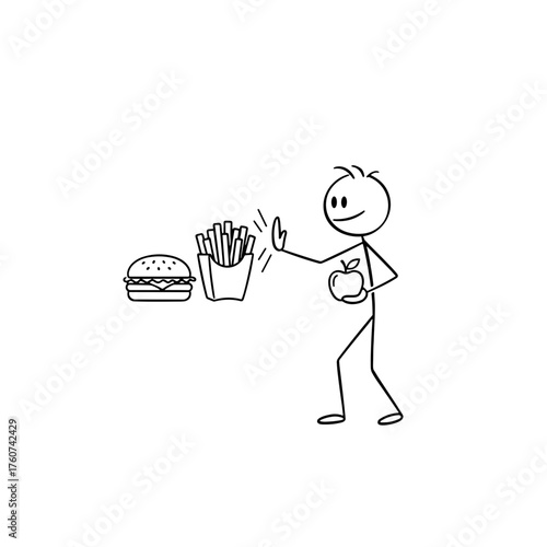 Stick figure choosing apple over burger and fries for healthy lifestyle  