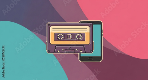 Retro audio experience a vintage cassette tape meets modern smartphone technology, blending nostalgia with contemporary digital convenience in a vibrant design
