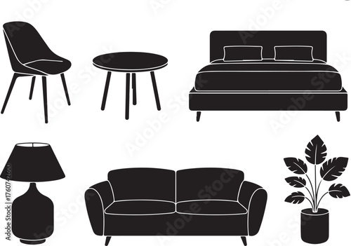 Modern furniture arrangement in black and white