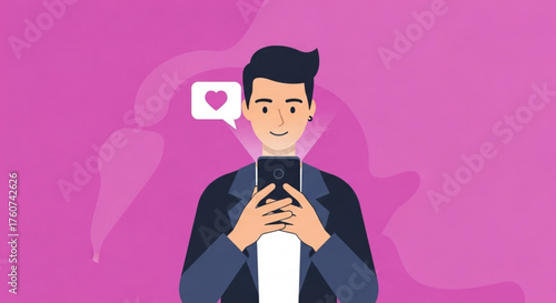 Man using social media app on smartphone, receiving heart likes and engaging with online content on a pink background, showcasing digital connection