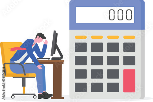 A businessman sitting sadly on a calculator, illustration of the failure in financial calculations for the company
