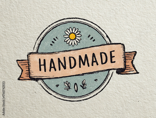 Handmade logo with a daisy and leaves in a circular frame, on a textured background.