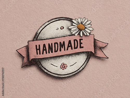Handmade label with daisy on pink background, promoting craftwork and artisanal products with a touch of floral elegance.