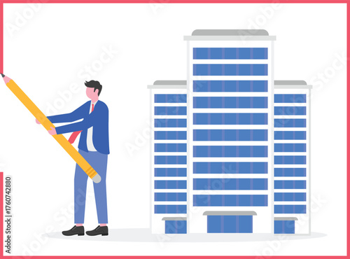 A businessman drawing a circle around himself and a building,
