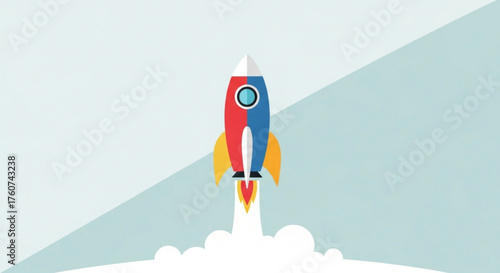 A vibrant cartoon rocket ship soars upwards against a light blue backdrop, symbolizing ambition, innovation, and the pursuit of new frontiers in a playful style